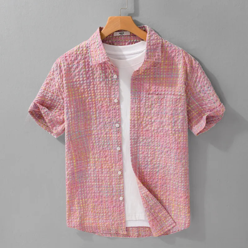 Men’s Bubble-Yarn Checkered Short-Sleeve Shirt – Slim Fit, Full-Button, Turn-Down Collar