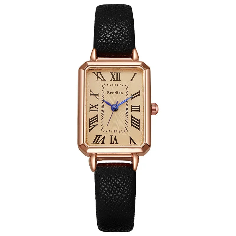 Women's Retro Square Quartz Watch – Roman Numerals, Leather Strap, Elegant Design