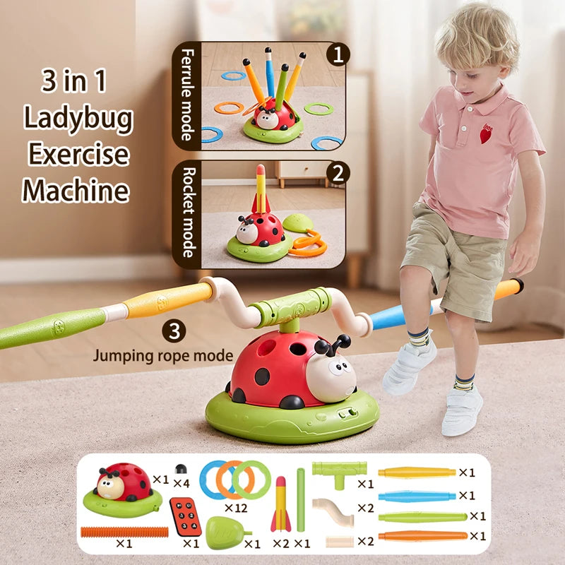 3 in 1 Ladybug Toy – Jump Rope, Rocket Launcher & Ring Toss Game