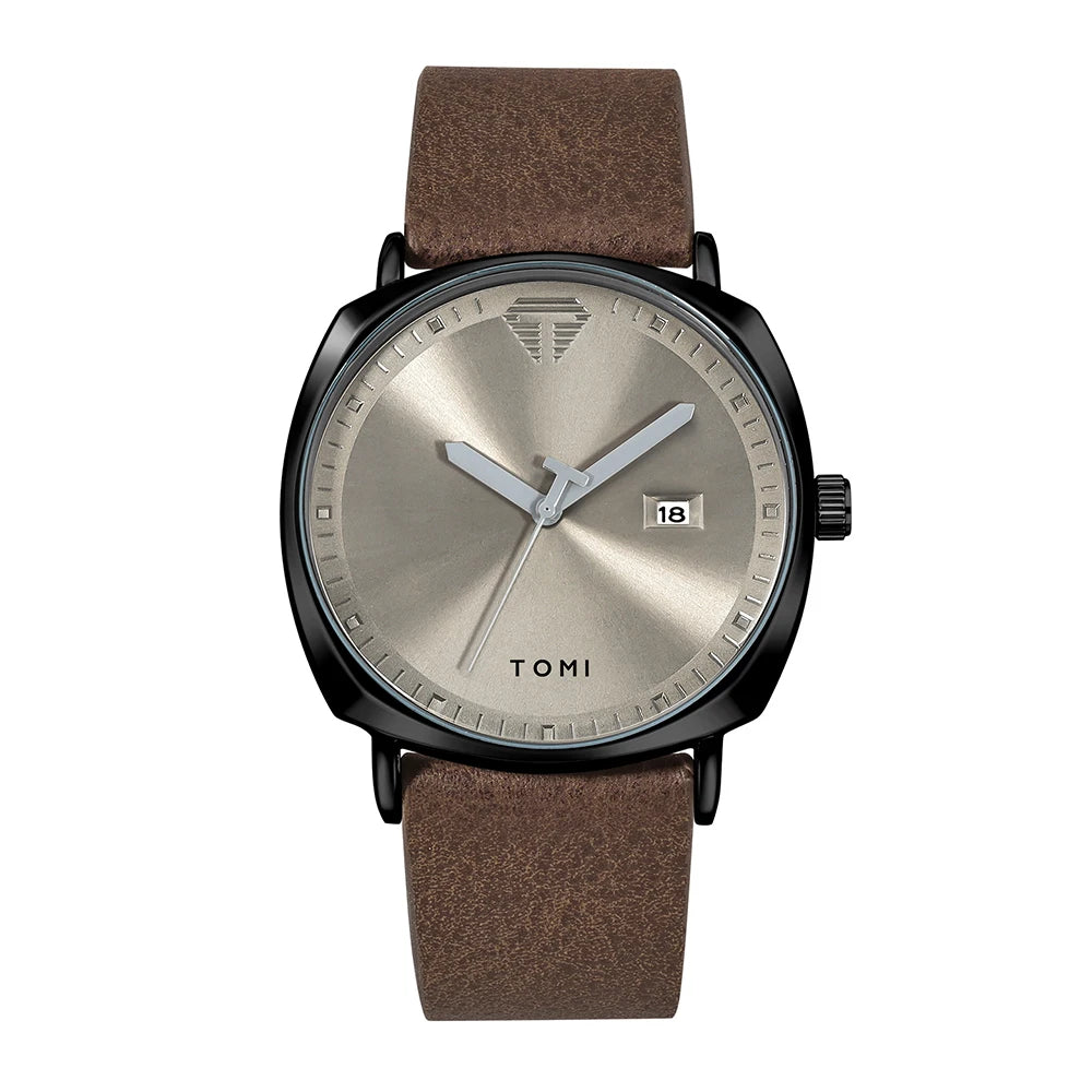 TOMI Minimalist Numberless Quartz Watch with Round Case and Brown PU Strap