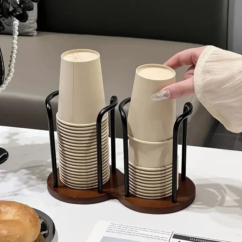 Disposable Cup Storage Holder – Wooden Base Organizer Rack