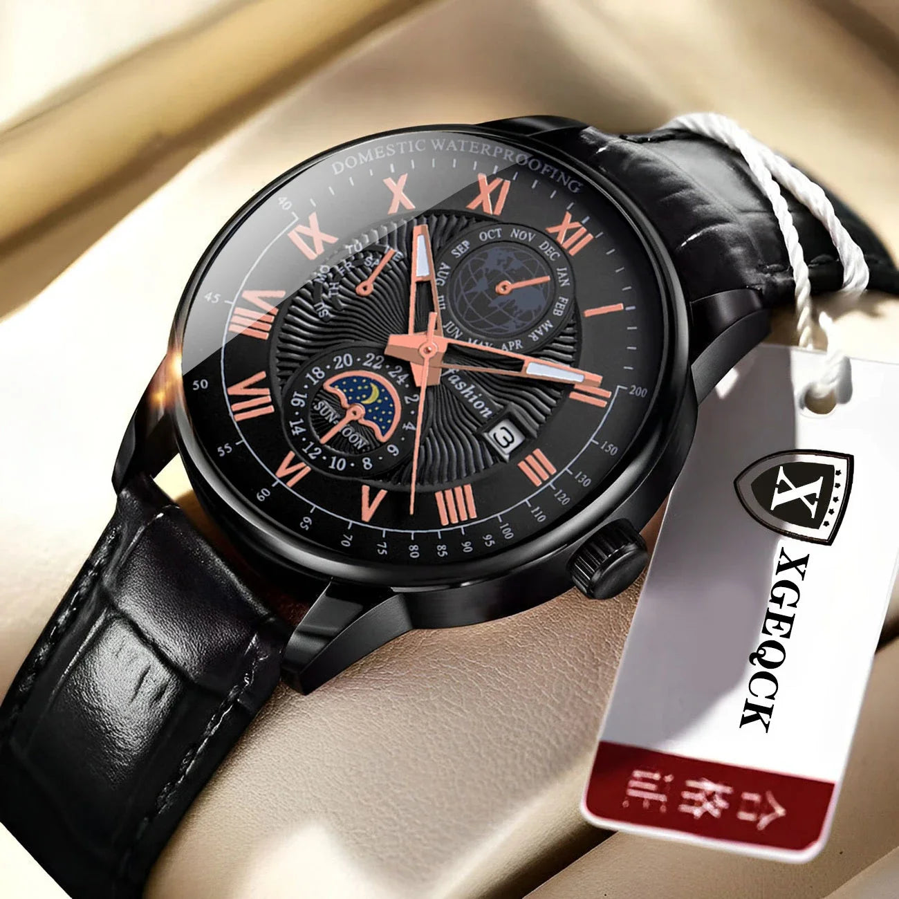 Luminous Multi-Subdial Quartz Dress Watch with Leather Strap, Round Case