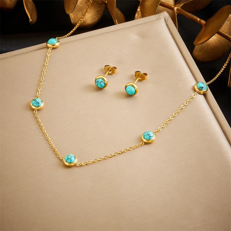 Women's Jewelry Set – Turquoise Round Necklace, Bracelet & Earrings, Elegant Party Style