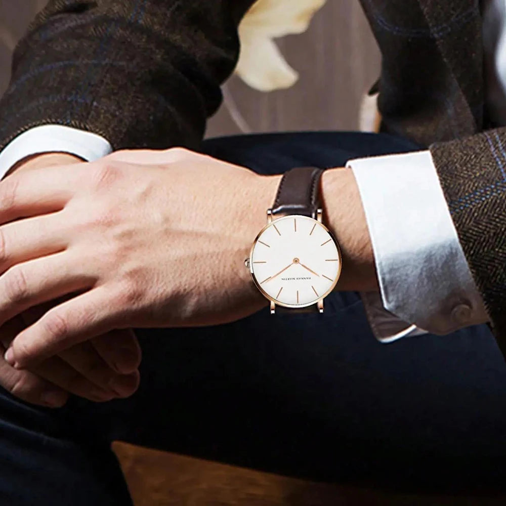 Slim Rose-Gold Dial Leather Quartz Dress Watch