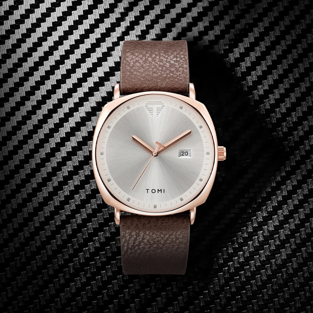 TOMI Minimalist Numberless Quartz Watch with Round Case and Brown PU Strap