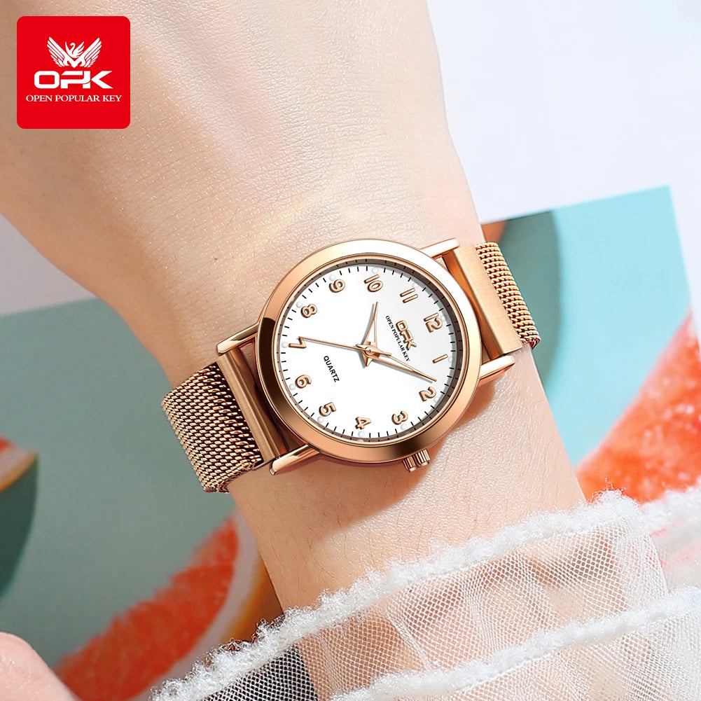 Women's Fashion Quartz Watch – Rose Gold Stainless Steel Mesh, Waterproof, Luminous Dial