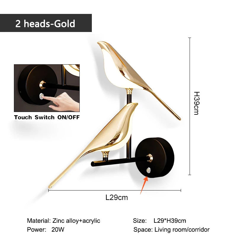Nordic Touch LED Wall Lamp – Bird Design Gold/Silver Decorative Light