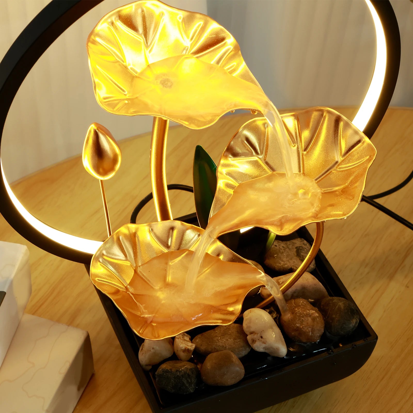 Tabletop Water Fountain – USB Powered with LED Ring Light and Natural Rocks