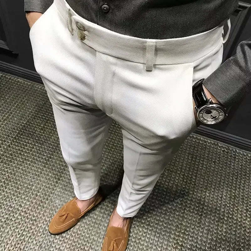 Men’s Slim-Fit 9/10 Cropped Trousers – Korean-Style Casual Summer Pants (White)