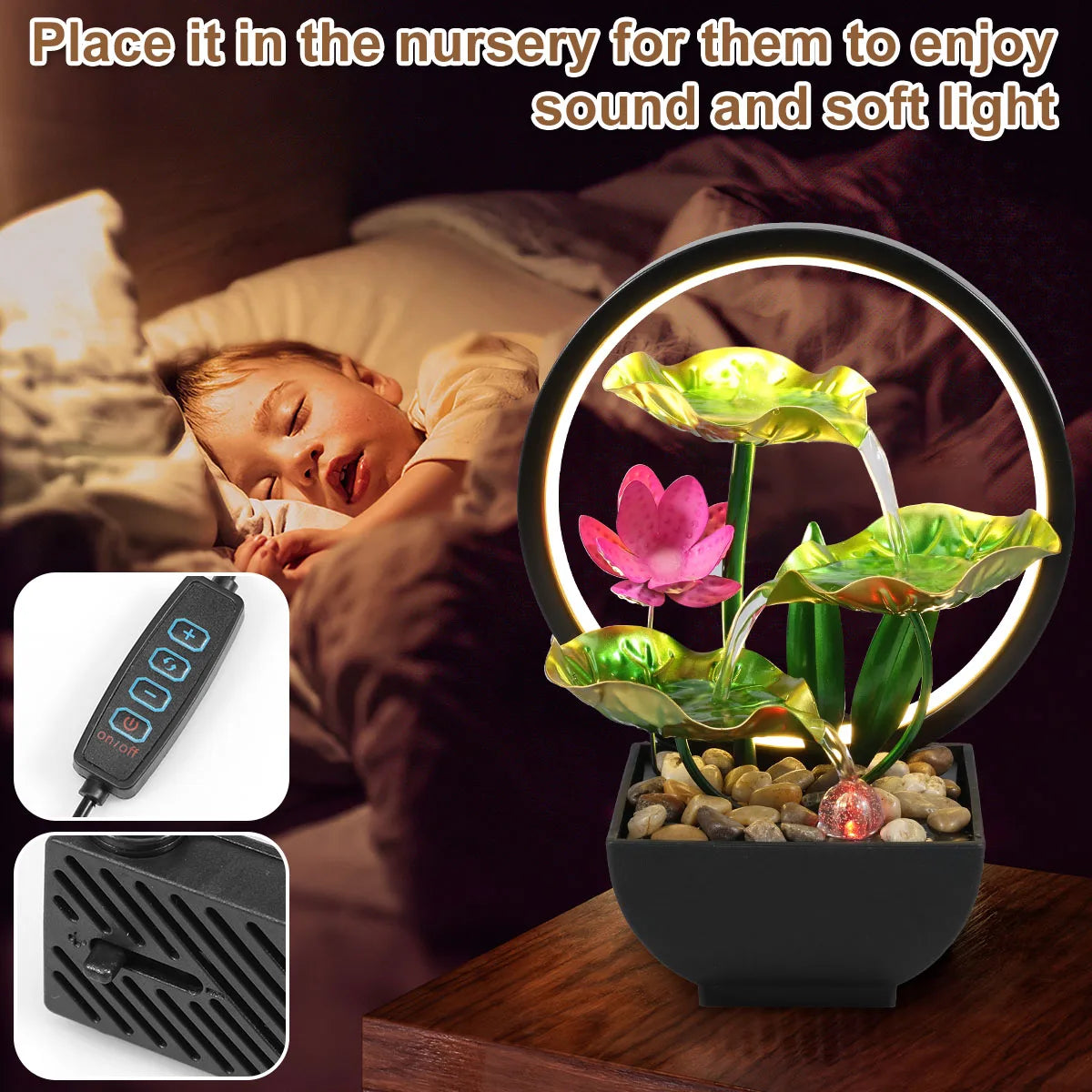 Tabletop Water Fountain – USB Powered with LED Ring Light and Natural Rocks