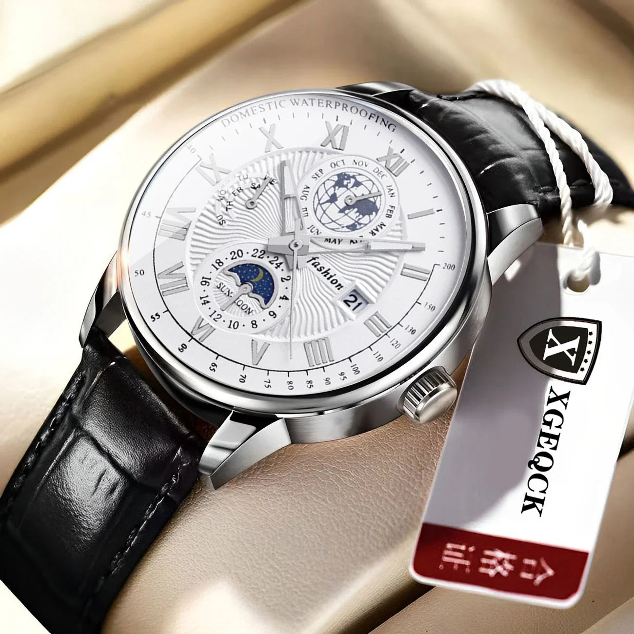 Luminous Multi-Subdial Quartz Dress Watch with Leather Strap, Round Case