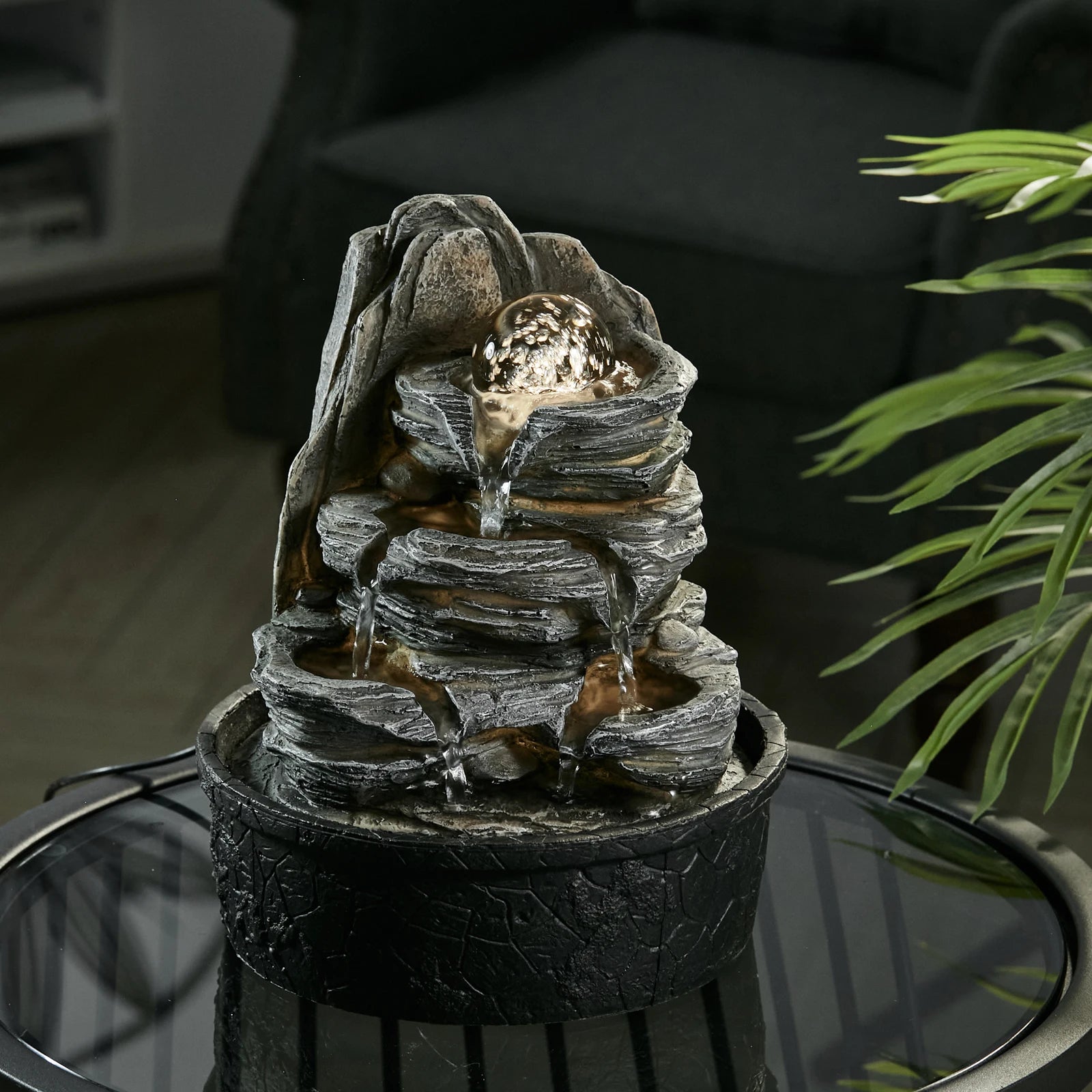 Multi-Layer Rock Tabletop Fountain with LED Crystal Ball – Indoor/Outdoor Decor