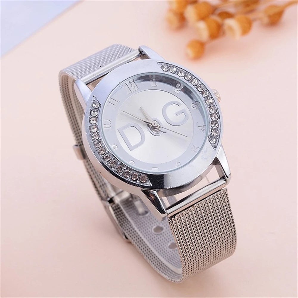 Crystal-Accent Gold Mesh Quartz Watch