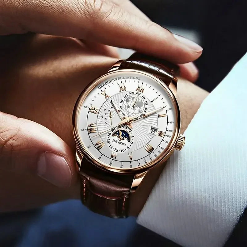 Luminous Multi-Subdial Quartz Dress Watch with Leather Strap, Round Case