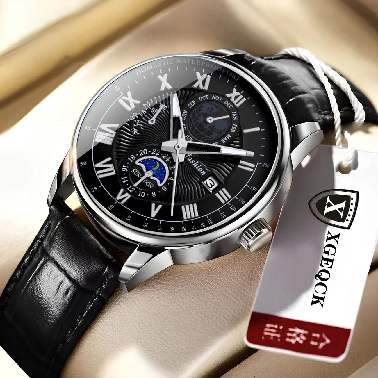 Luminous Multi-Subdial Quartz Dress Watch with Leather Strap, Round Case