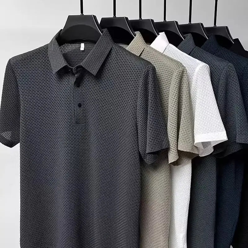 Men’s Ice-Silk Textured Polo Tee – Breathable Short-Sleeve