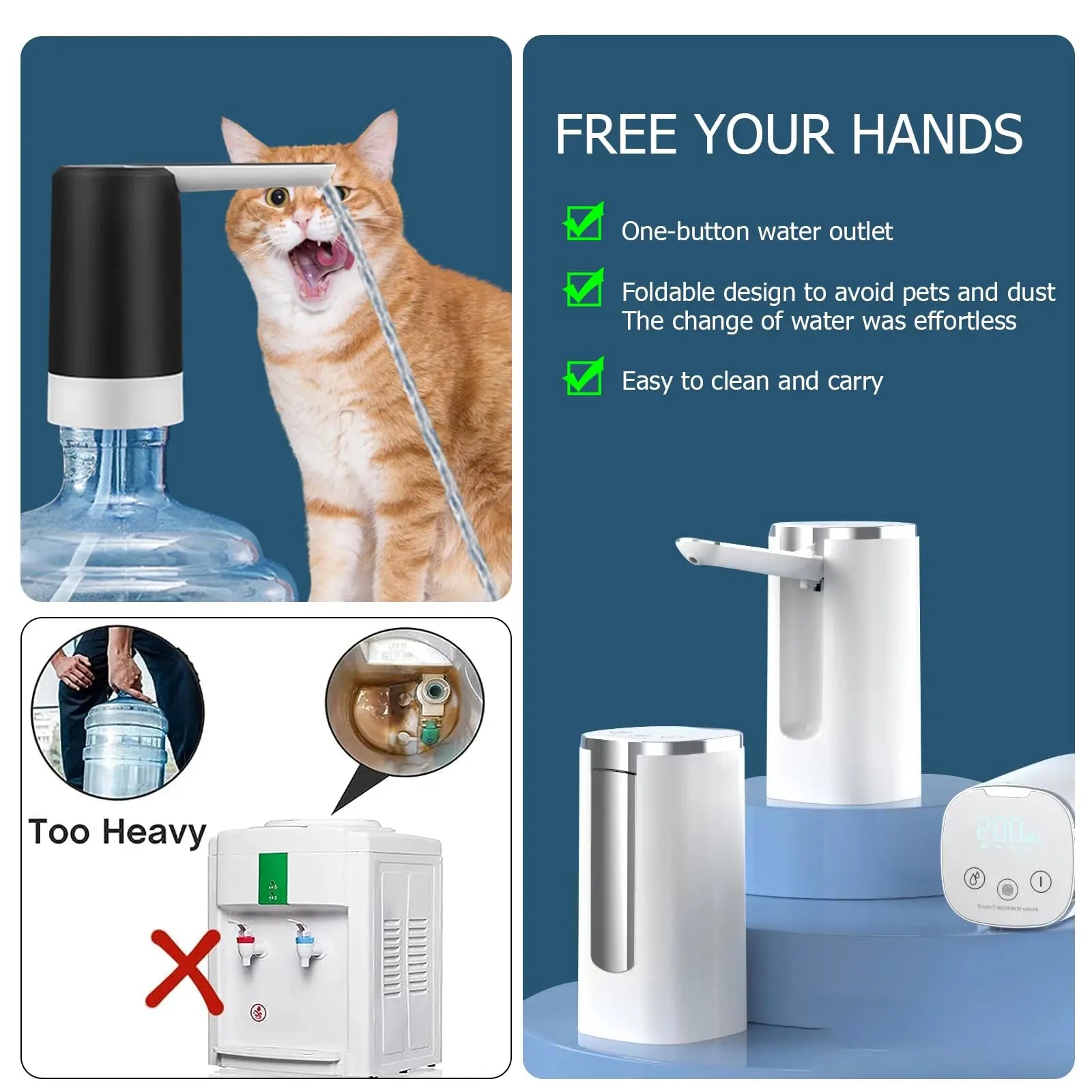 Water Bottle Dispenser, Universal Foldable Automatic Water Bottle Pump with Display