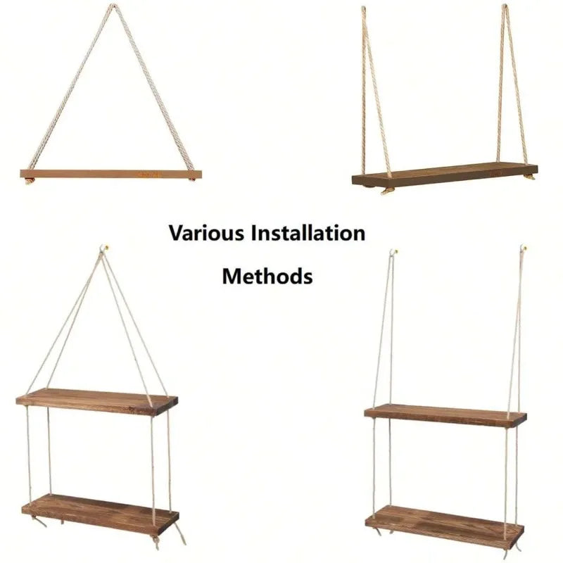 Wooden Swing Rope Wall Shelf – Hanging Floating Storage for Home & Garden