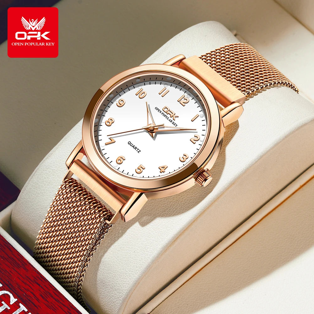 Women's Fashion Quartz Watch – Rose Gold Stainless Steel Mesh, Waterproof, Luminous Dial