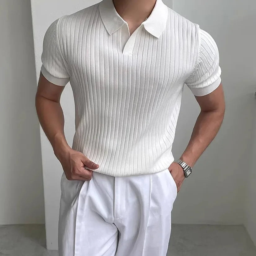 Men’s Slim Fit Polo Shirt – Ice Silk Knit, Vertical Stripes, Casual/Business Short Sleeve