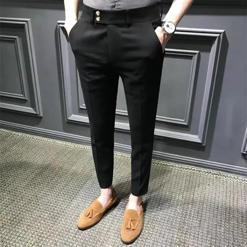 Men’s Slim-Fit 9/10 Cropped Trousers – Korean-Style Casual Summer Pants (White)