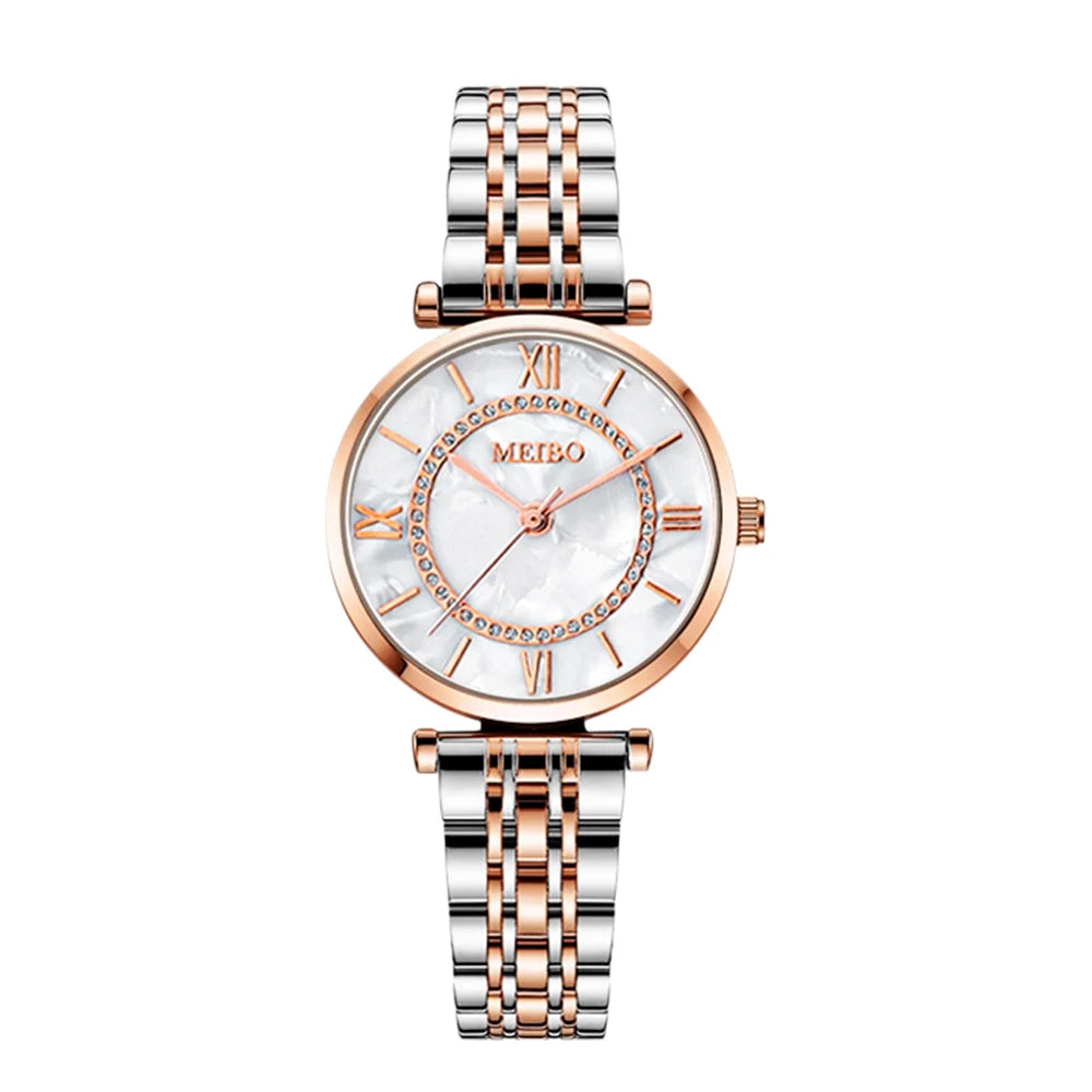Women's Luxury Quartz Watch – Crystal Accents, Roman Numerals, Steel Bracelet