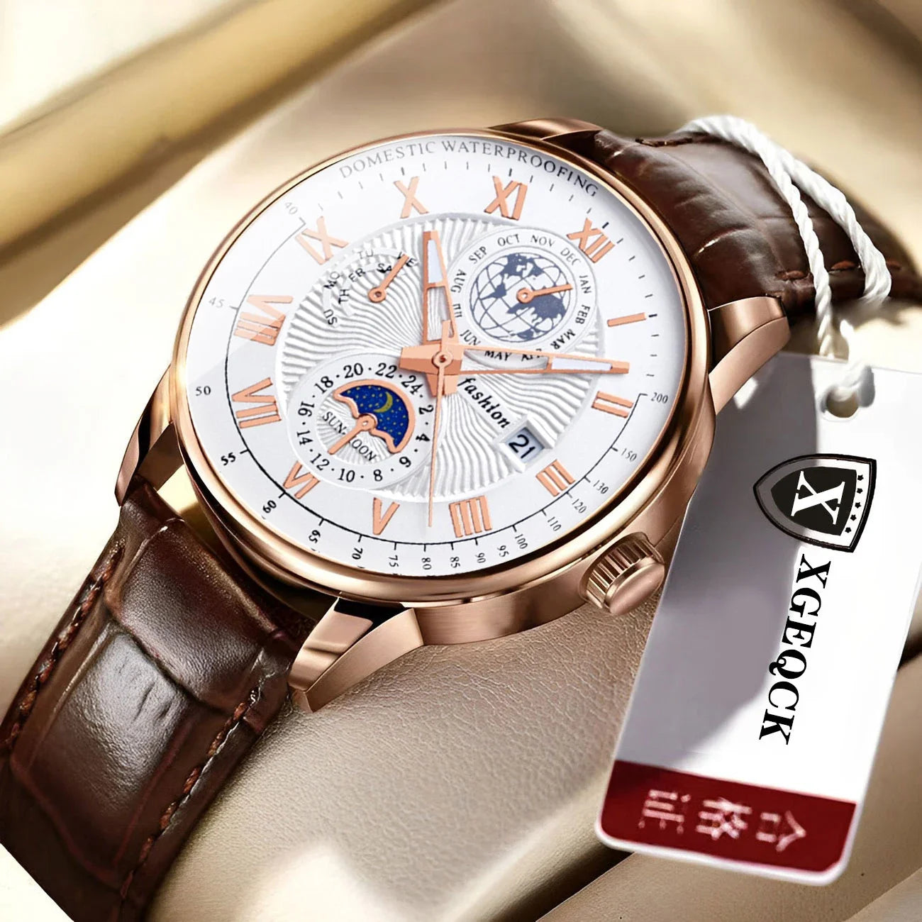 Luminous Multi-Subdial Quartz Dress Watch with Leather Strap, Round Case