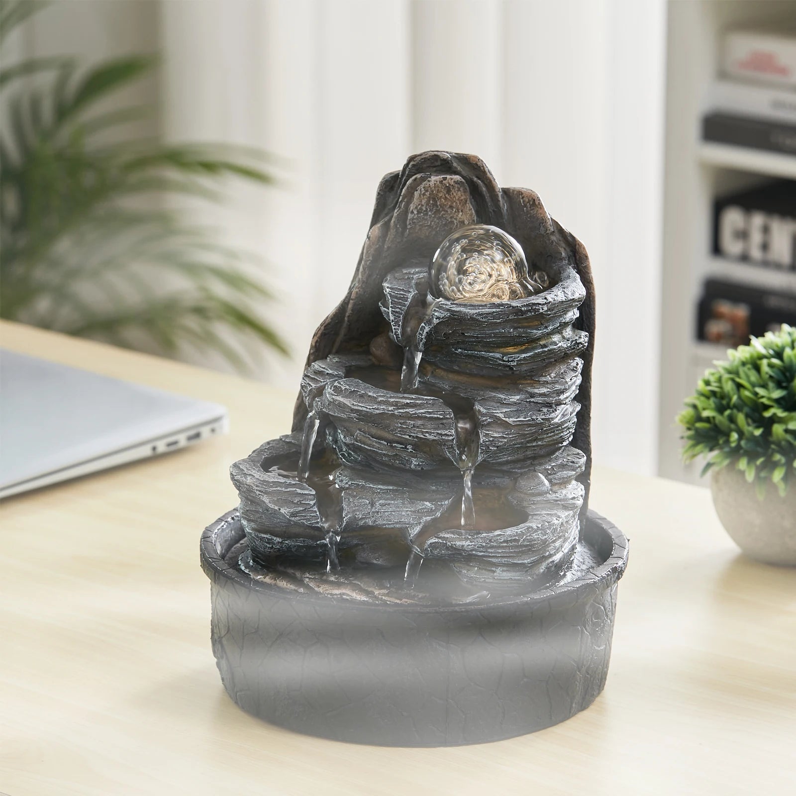 Multi-Layer Rock Tabletop Fountain with LED Crystal Ball – Indoor/Outdoor Decor