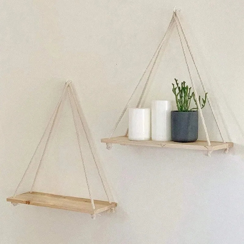 Wooden Swing Rope Wall Shelf – Hanging Floating Storage for Home & Garden