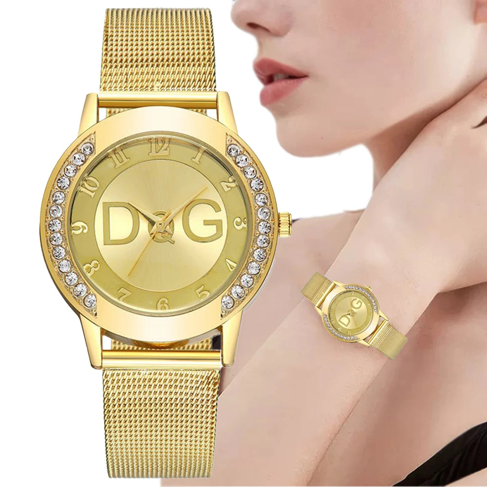 Crystal-Accent Gold Mesh Quartz Watch