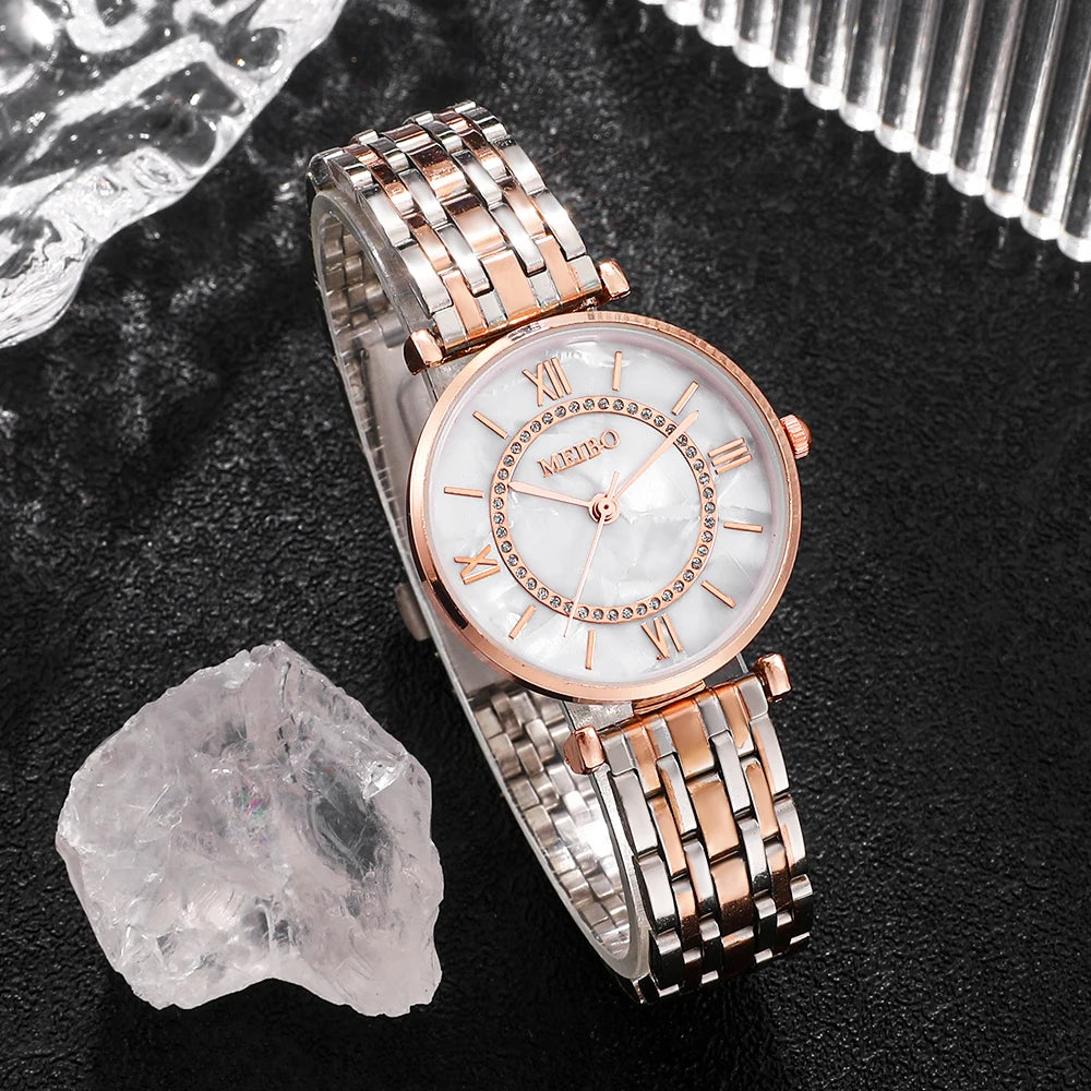 Women's Luxury Quartz Watch – Crystal Accents, Roman Numerals, Steel Bracelet