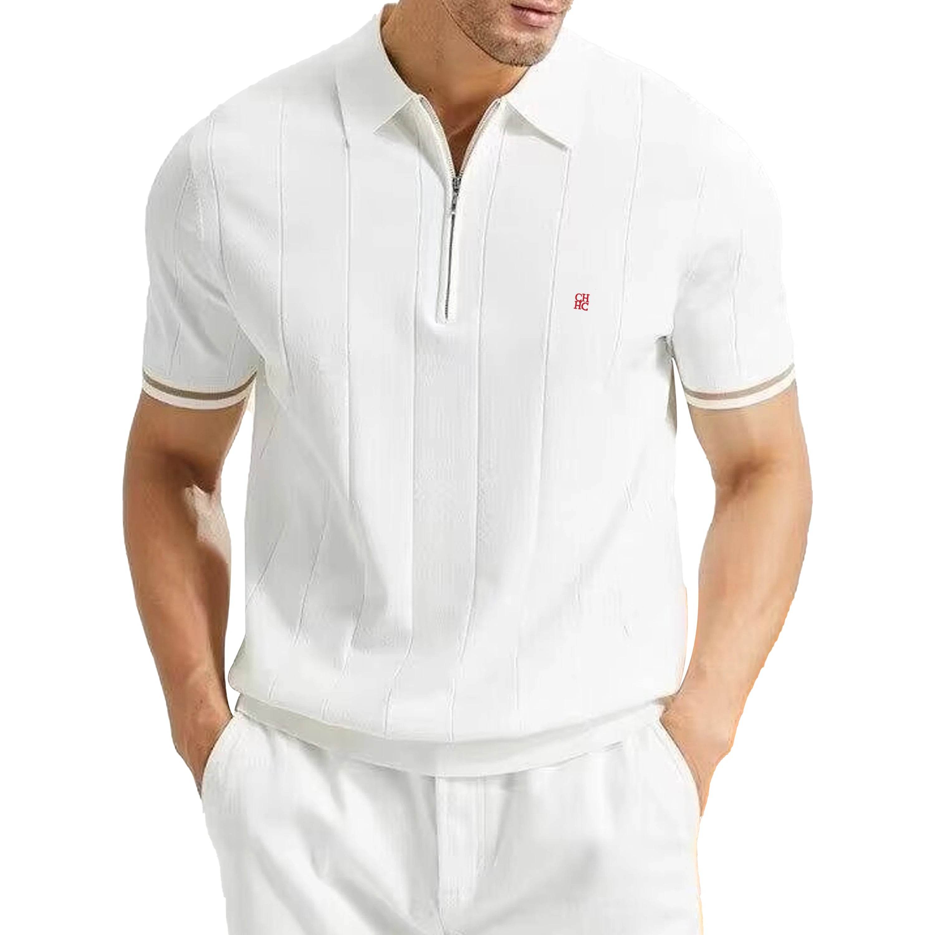 Ribbed Knit Polo Shirt for Men – Breathable Summer Top with Zip Placket