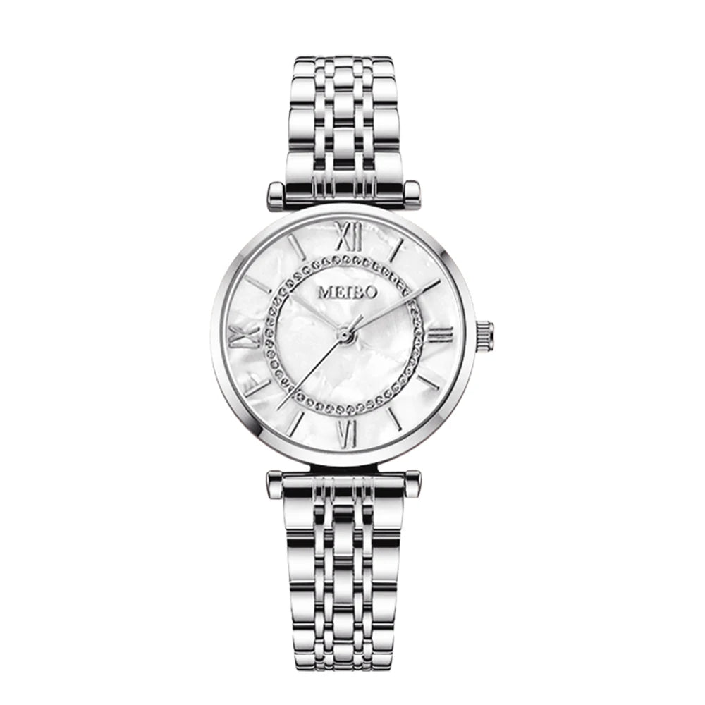Women's Luxury Quartz Watch – Crystal Accents, Roman Numerals, Steel Bracelet