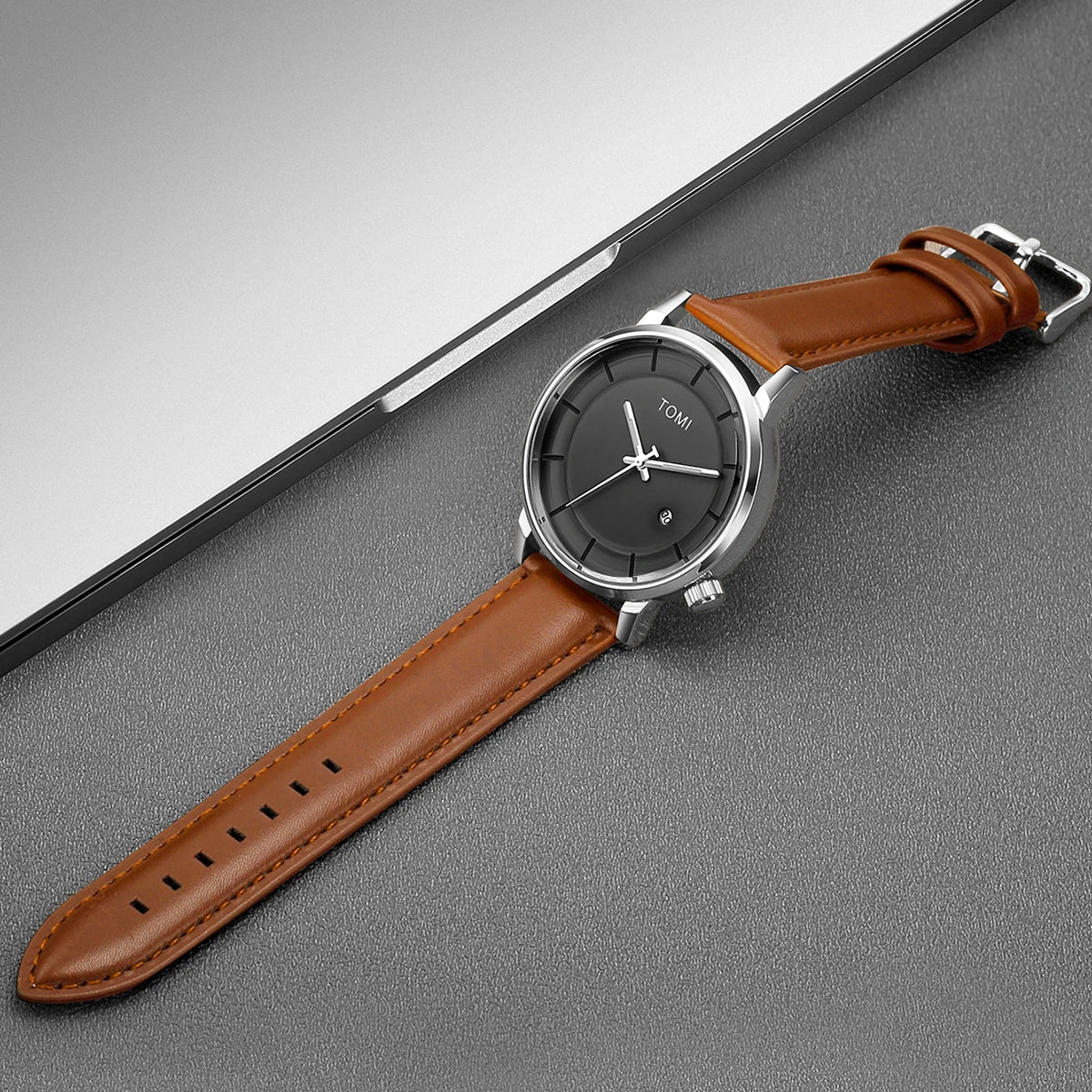 TOMI Minimal Black Dial Leather Quartz Watch
