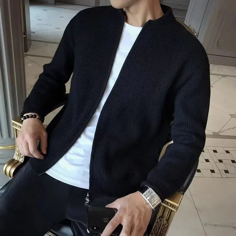 Men’s Autumn/Winter Solid-Color Knit Zip Cardigan — Casual Thick Crew-Neck Sweater (M–3XL)