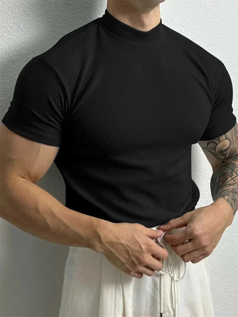 Men’s Quick-Dry Ribbed High-Collar T-Shirt — Breathable Knit, Short Sleeve