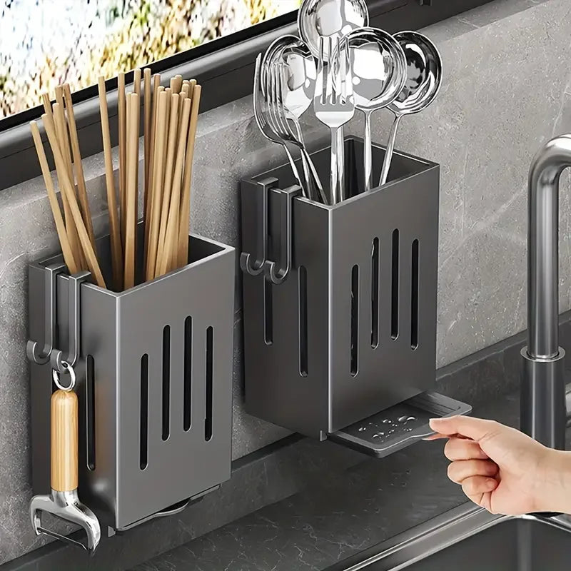 Wall-Mounted Kitchen Utensil Rack with Drain Tray – Multifunctional Cutlery Storage
