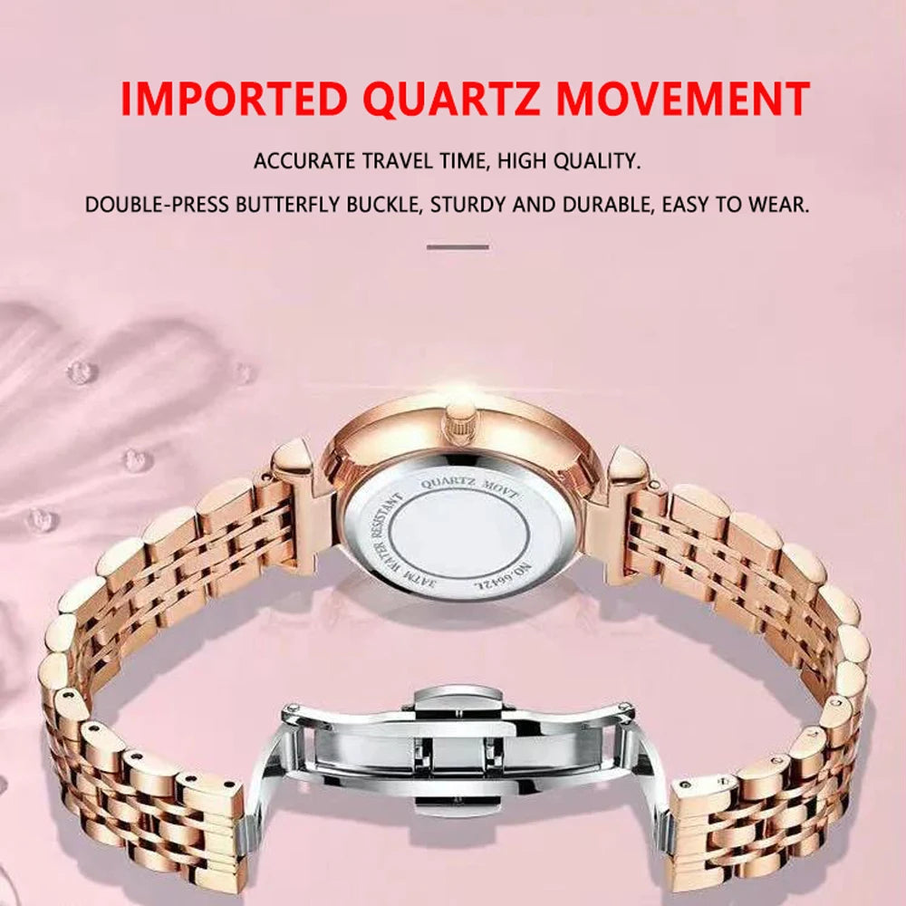 Women's Luxury Stainless Steel Quartz Watch – Rose Gold, Waterproof, Luminous