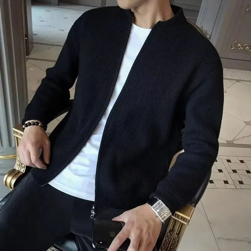 Men’s Autumn/Winter Solid-Color Knit Zip Cardigan — Casual Thick Crew-Neck Sweater (M–3XL)