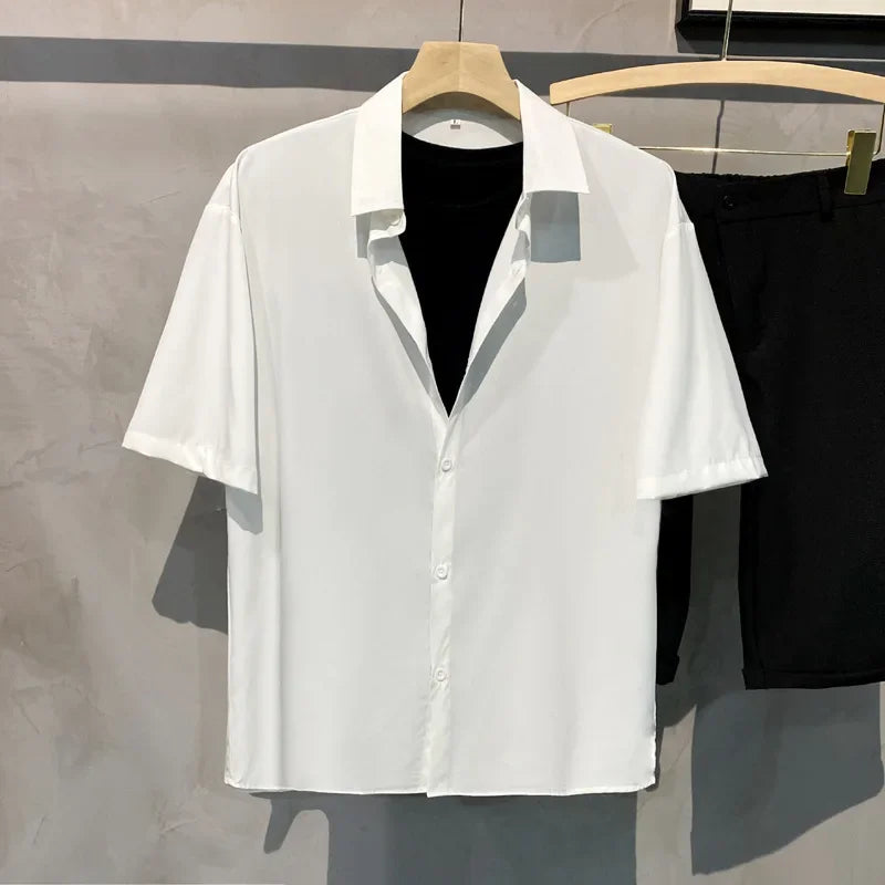 Vintage-Style Draped Short-Sleeve Shirt— Easy-Care Camp Collar, Relaxed Fit, No-Iron Look