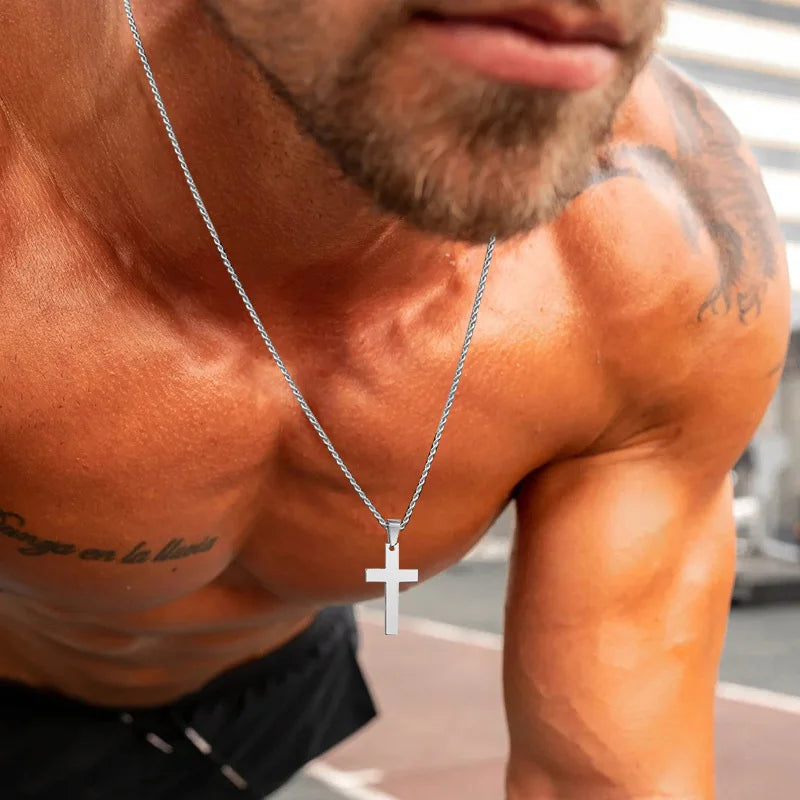 Water-Resistant Stainless Steel Cross Pendant Necklace with Rope or Box Chain