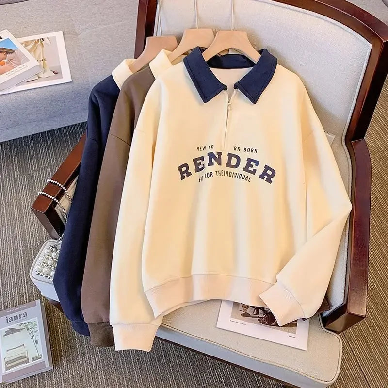 Women’s Polo-Collar Color-Block Zip Sweatshirt – Lightweight, Spring/Autumn