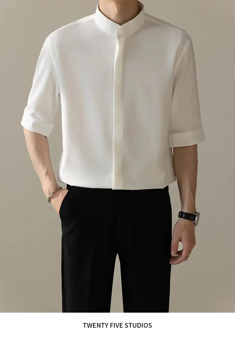 Men’s Slim Ice-Silk Short-Sleeve Shirt — Chinese-Style Stand Collar, Lightweight & Casual