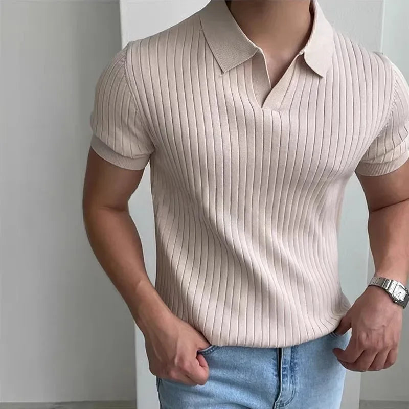 Men’s Slim Fit Polo Shirt – Ice Silk Knit, Vertical Stripes, Casual/Business Short Sleeve