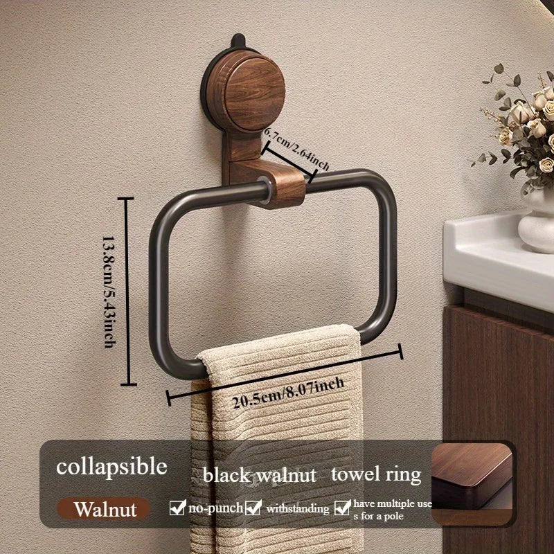 Vintage Walnut Wood Towel Ring – No-Drill Wall-Mounted Holder