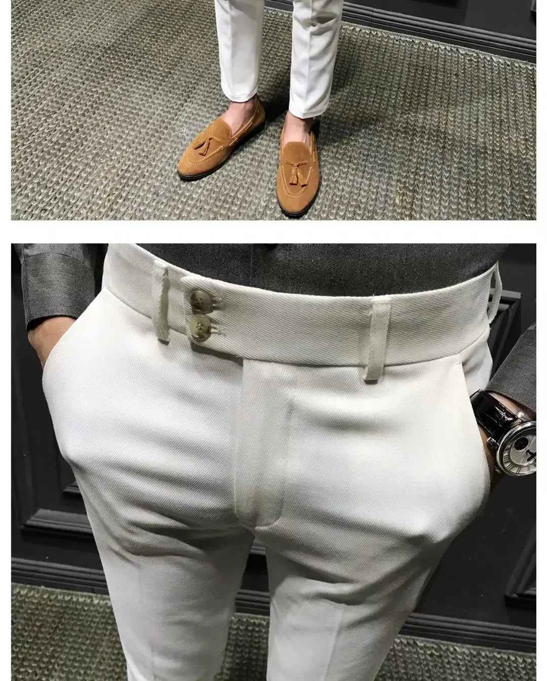 Men’s Slim-Fit 9/10 Cropped Trousers – Korean-Style Casual Summer Pants (White)