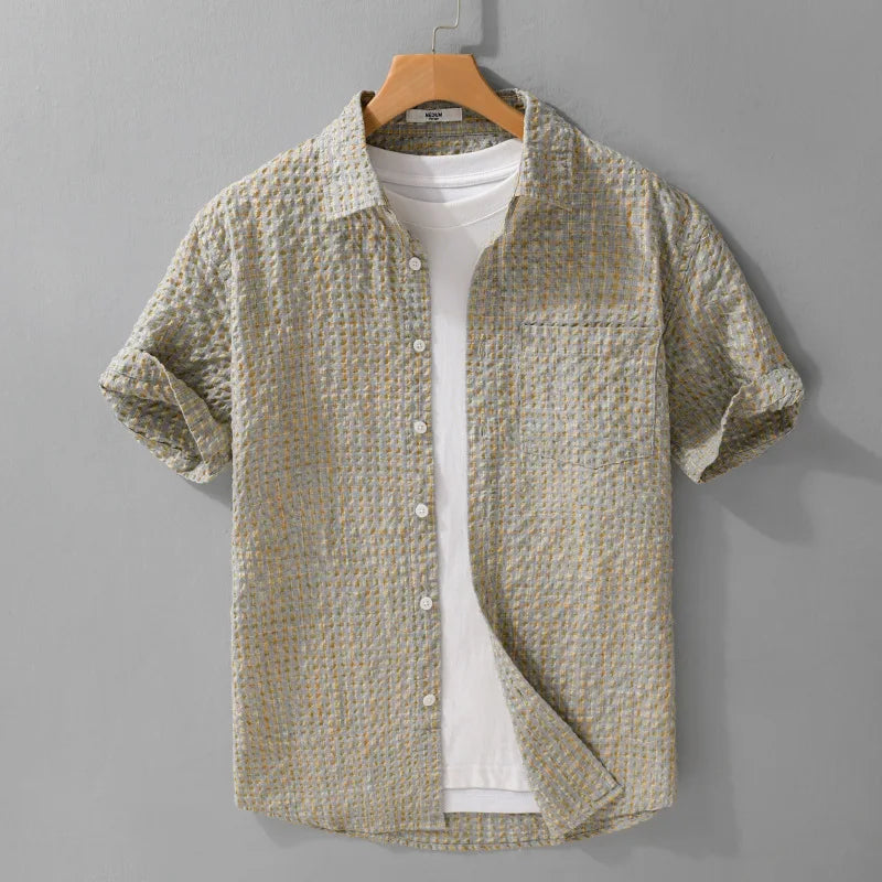 Men’s Bubble-Yarn Checkered Short-Sleeve Shirt – Slim Fit, Full-Button, Turn-Down Collar