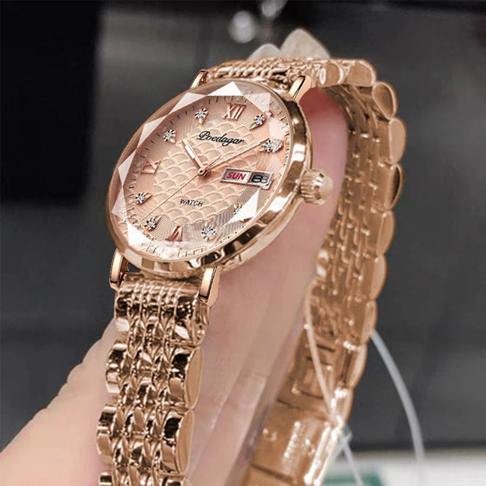 Women's Luxury Stainless Steel Quartz Watch – Rose Gold, Waterproof, Luminous