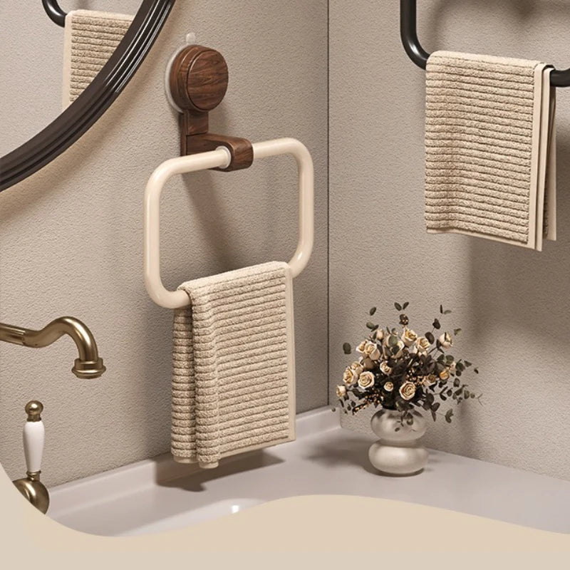 Vintage Walnut Wood Towel Ring – No-Drill Wall-Mounted Holder