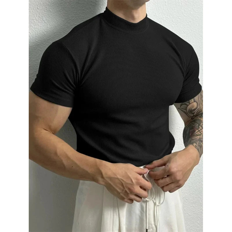 Men’s Quick-Dry Ribbed High-Collar T-Shirt — Breathable Knit, Short Sleeve